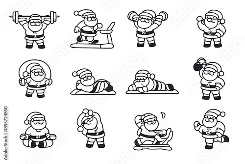 Santa Claus exercising in different poses