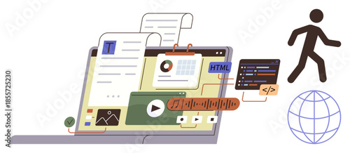 Open laptop displaying text editing tools, data charts, media players, code editor, and a figure walking towards a globe. Ideal for technology, programming, online communication, digital learning