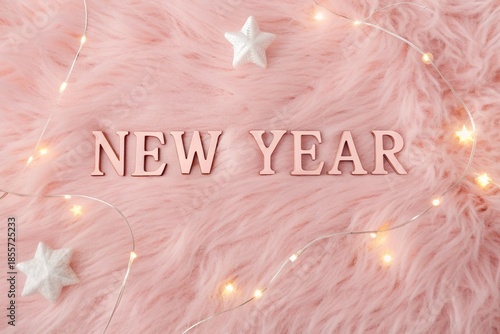 Cute Happy New Year Greeting on Fluffy Pastel Pink Background
