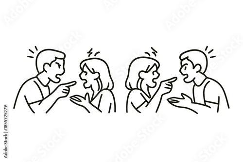 Two couples arguing, illustrated in black outline on a yellow background