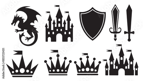  fantasy icons dragon swords shield castles and crowns