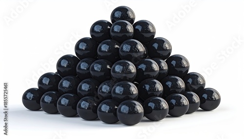Pile of black, glossy spheres arranged in a pyramid on white background