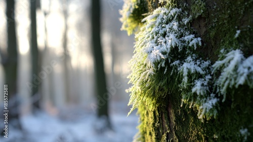 Delicate frost particles dusting the vibrant green moss on a tree trunk in a winter forest