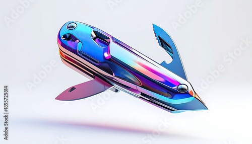 A sleek, iridescent multi-tool floats against a light background