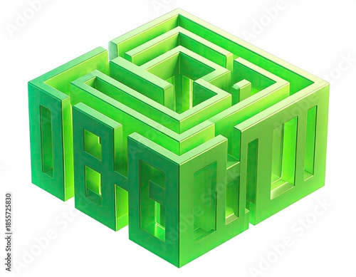 Green, isometric cube maze, rendered with light effects and glossy finish