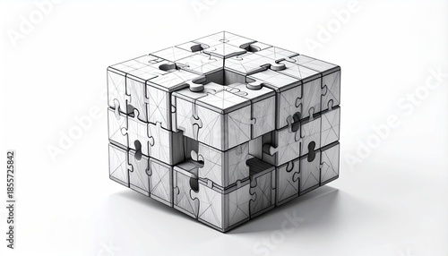 A 3D cube formed by puzzle pieces, partially assembled on white