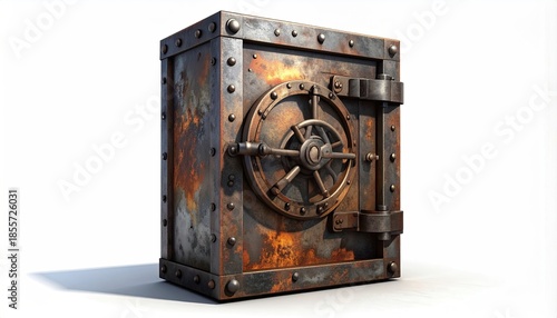 Weathered, rusted metal safe with a heavy, circular door and bolt