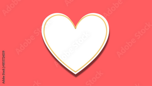 Minimal romantic illustration of a white heart with subtle gold outline and soft shadow on a coral red background symbolizing love affection valentine romance and elegance