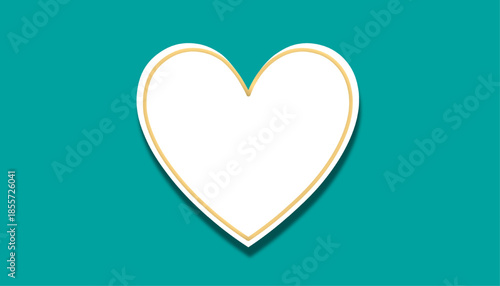 Minimal romantic illustration of a white heart with subtle gold outline and soft shadow on a teal background symbolizing love valentine romance elegance and simplicity.