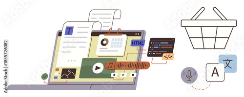 Laptop screen displaying text, code editors, media tools, charts, and translation icons beside a shopping basket. Ideal for digital marketing, web development, e-commerce setup, workflow content