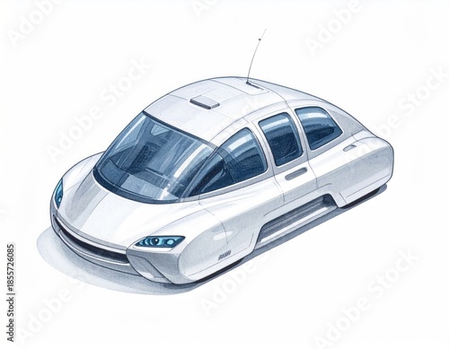 Futuristic concept car, smooth white, tinted windows, aerial, artistic rendering