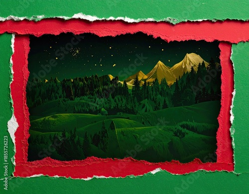 Landscape seen through torn paper frame of red and green
