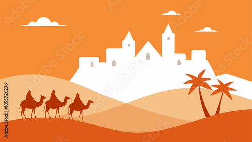 Vibrant cartoon desert landscape with towering red rock formations under a bright blue sky