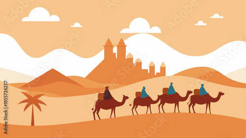 Vibrant cartoon desert landscape with towering red rock formations under a bright blue sky