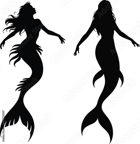 Mermaid silhouette vector, mythical sea creature design, fantasy artwork illustration, ocean folklore icon, aquatic mythology graphic, mystical siren