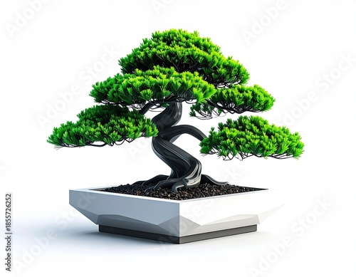 A sculpted, miniature tree with dense foliage grows in a white pot