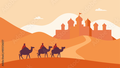Vibrant cartoon desert landscape with towering red rock formations under a bright blue sky