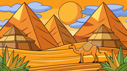Vibrant cartoon desert landscape with towering red rock formations under a bright blue sky