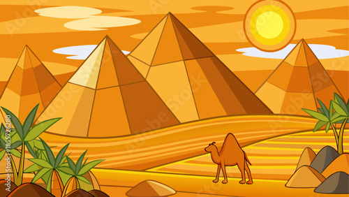 Vibrant cartoon desert landscape with towering red rock formations under a bright blue sky