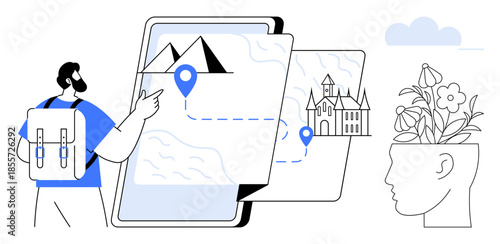 Man with backpack interacting with digital map showing mountain and castle, alongside a blooming head symbolizing creativity. Ideal for adventure, technology, navigation, mindfulness, travel