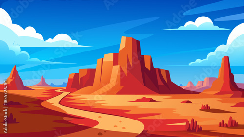 Vibrant cartoon desert landscape with towering red rock formations under a bright blue sky