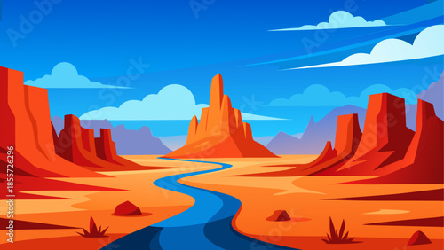 Vibrant cartoon desert landscape with towering red rock formations under a bright blue sky