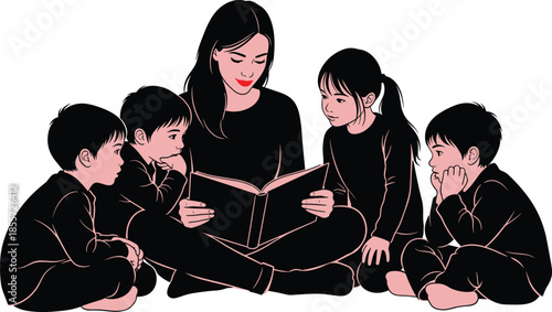 Mother or teacher reading a book to a small group of children sitting cross-legged, illustrating early education, storytelling, literacy, childhood, and learning concepts.
