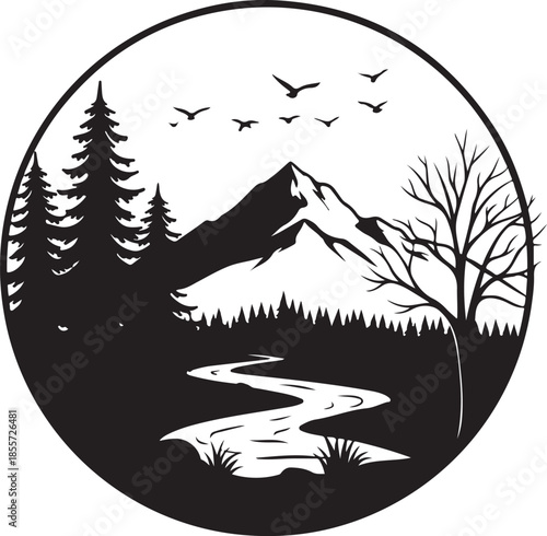 Mountain Landscape with River and Birds in Silhouette