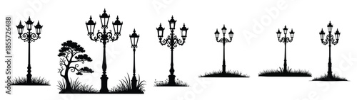 Ornate vintage street lamps with grass silhouettes