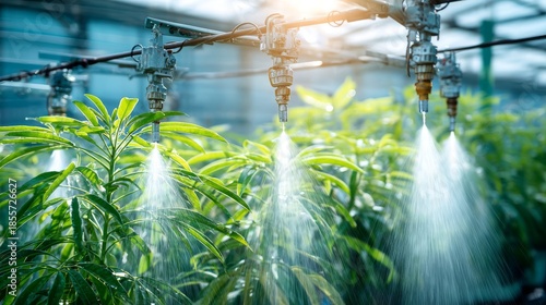 Automated agricultural irrigation system spraying water onto lush green plants in a modern greenhouse for optimal growth