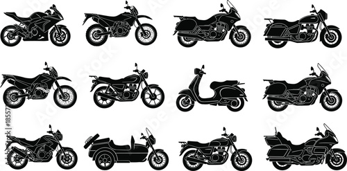 Motorcycle silhouette illustration set, sport cruiser touring scooter sidecar vector, black bike artwork design, transportation vehicle artwork