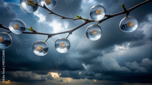 Ethereal Dandelion Seed Spheres Adorning a Budding Branch Under a Dramatic Sky