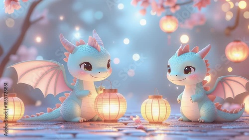 Enchanting scene of two whimsical dragons with glowing lanterns under cherry blossoms