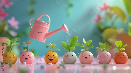 Cute watering can showering happy little plant characters in colorful pots with water