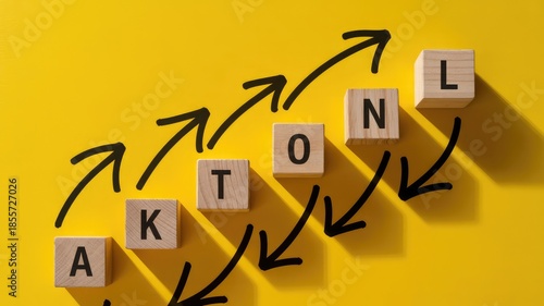 Wooden blocks spelling AKTION and L ascend on a vibrant yellow background with dynamic arrows and sh