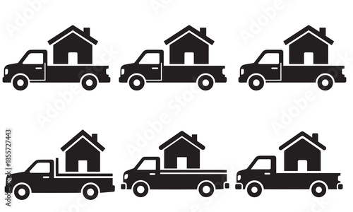 Pickup truck transporting a small house icon, symbolizing moving and real estate.