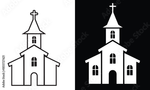 A simple minimalist illustration of a traditional church building with a steeple and cross