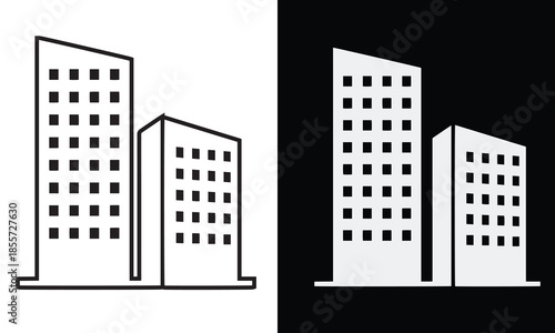 Simple vector icon featuring two minimalist high-rise buildings against a dark background