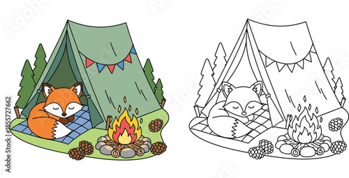 Cute cartoon fox sleeping in camping tent near bonfire, colored and outline coloring book vector illustration