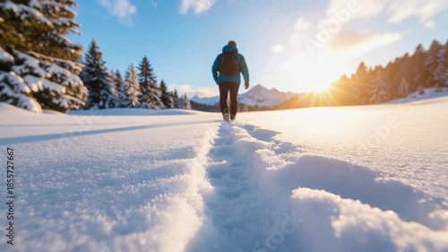 Solo hiker trekking through fresh snow at sunrise in a winter mountain landscape