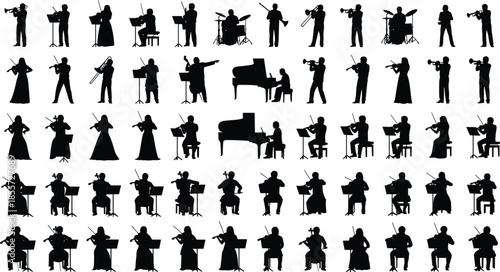 Musician silhouette illustration set, orchestra vector artwork, violin cello piano drum trumpet design, conductor artwork, musical performance artwork