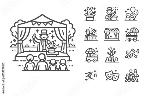 Circus show line art icons set