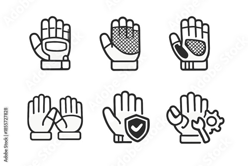 Collection of six stylized glove icons on a dark background