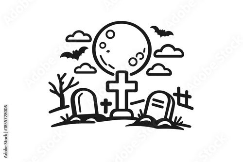 Halloween Cemetery Night Scene with Moon and Bats