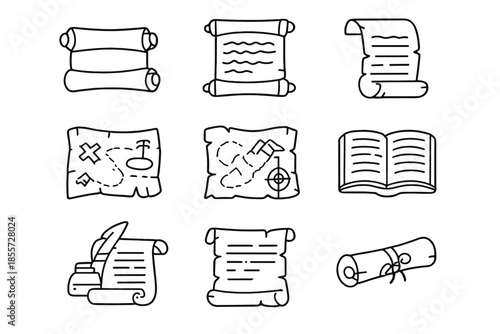 Collection of vintage scrolls, maps, and book icons