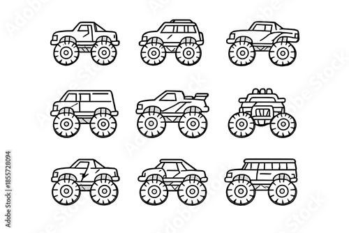 Collection of Monster Trucks in Outline Style