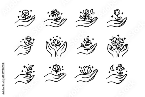 Set of line art icons of hands holding delicate flowers and plants