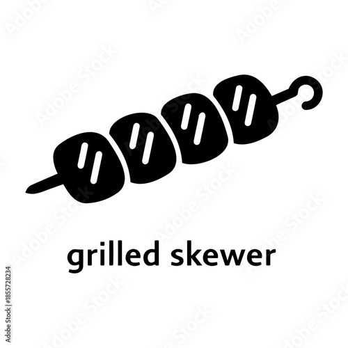 Minimalist black and white vector icon of a grilled skewer for barbecue, kebab, and restaurant menu design.