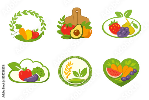 Collage of fresh fruits and vegetables with green leafy borders