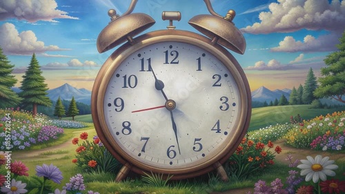 Anachronistic Alarm Clock in a Vibrant Dreamlike Landscape with Wildflowers and Hills